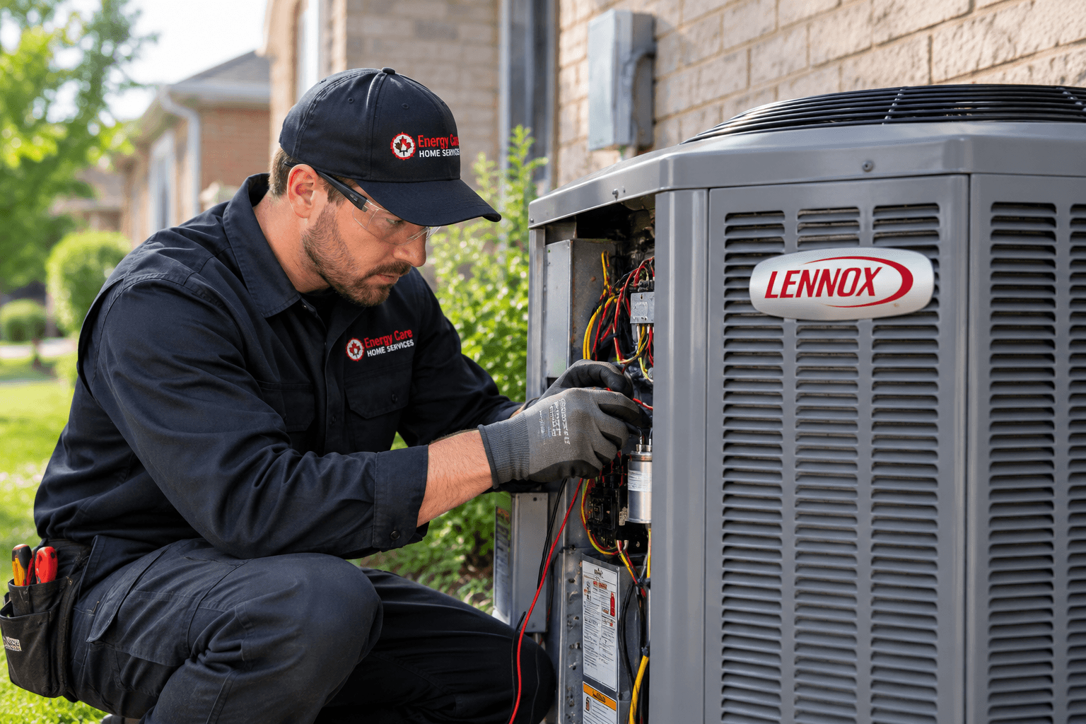 Energy Care technician servicing a Lennox outdoor air conditioner