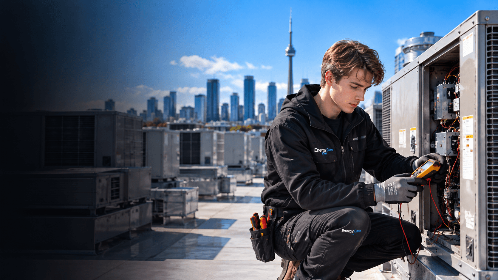 Energy Care technician servicing a commercial rooftop HVAC unit