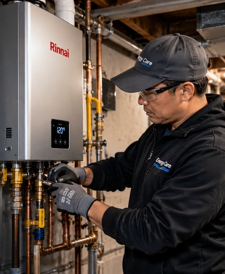 Energy Care technician servicing a Rinnai tankless water heater
