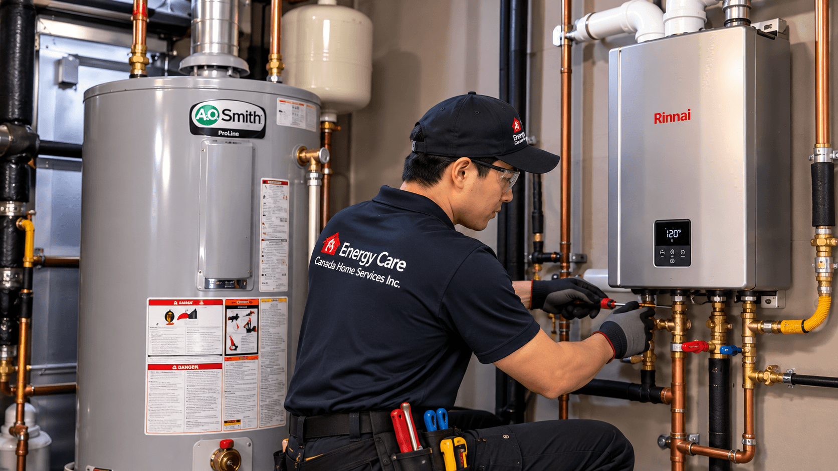 Energy Care technician with an A.O. Smith tank water heater and a Rinnai tankless water heater